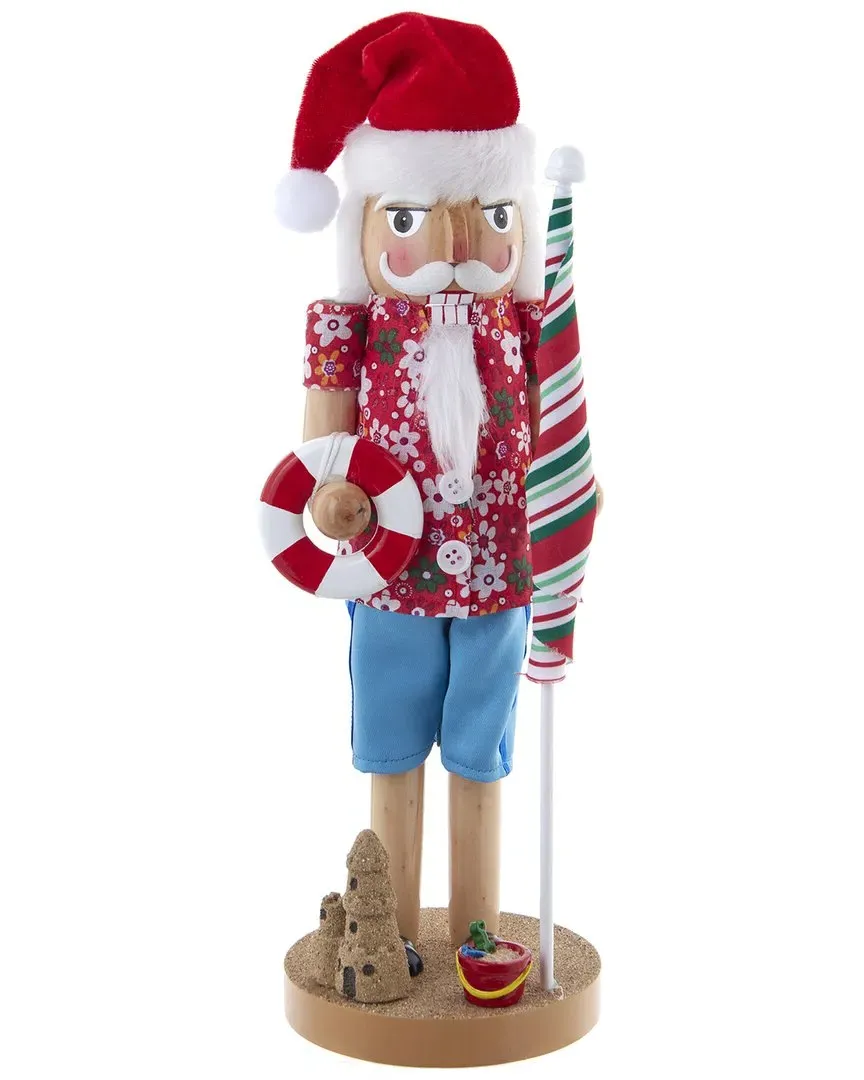 15-Inch Beach Santa Nutcracker - Red, Wood