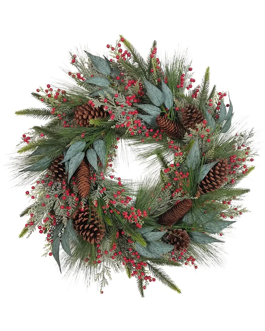 24-Inch Decorated Unlit Rattan with Pinecones Wreath - Green
