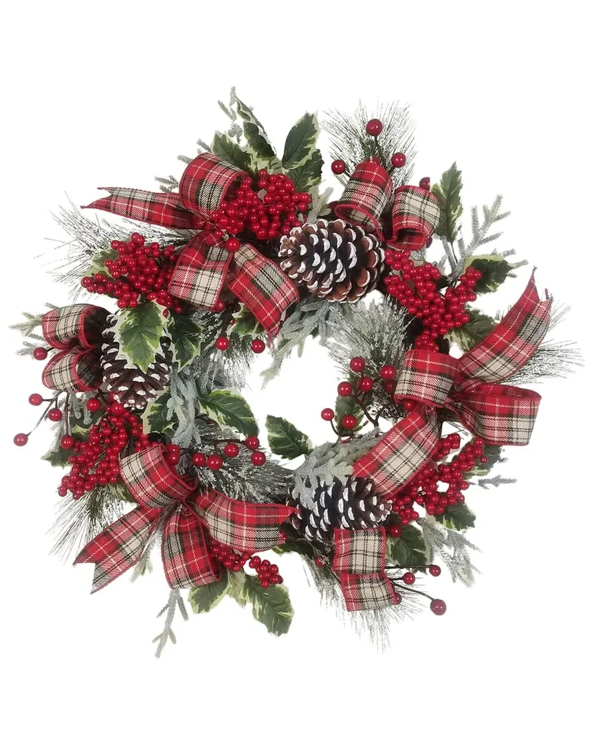 24-Inch Flocked Decorated Unlit Rattan Wreath - Red