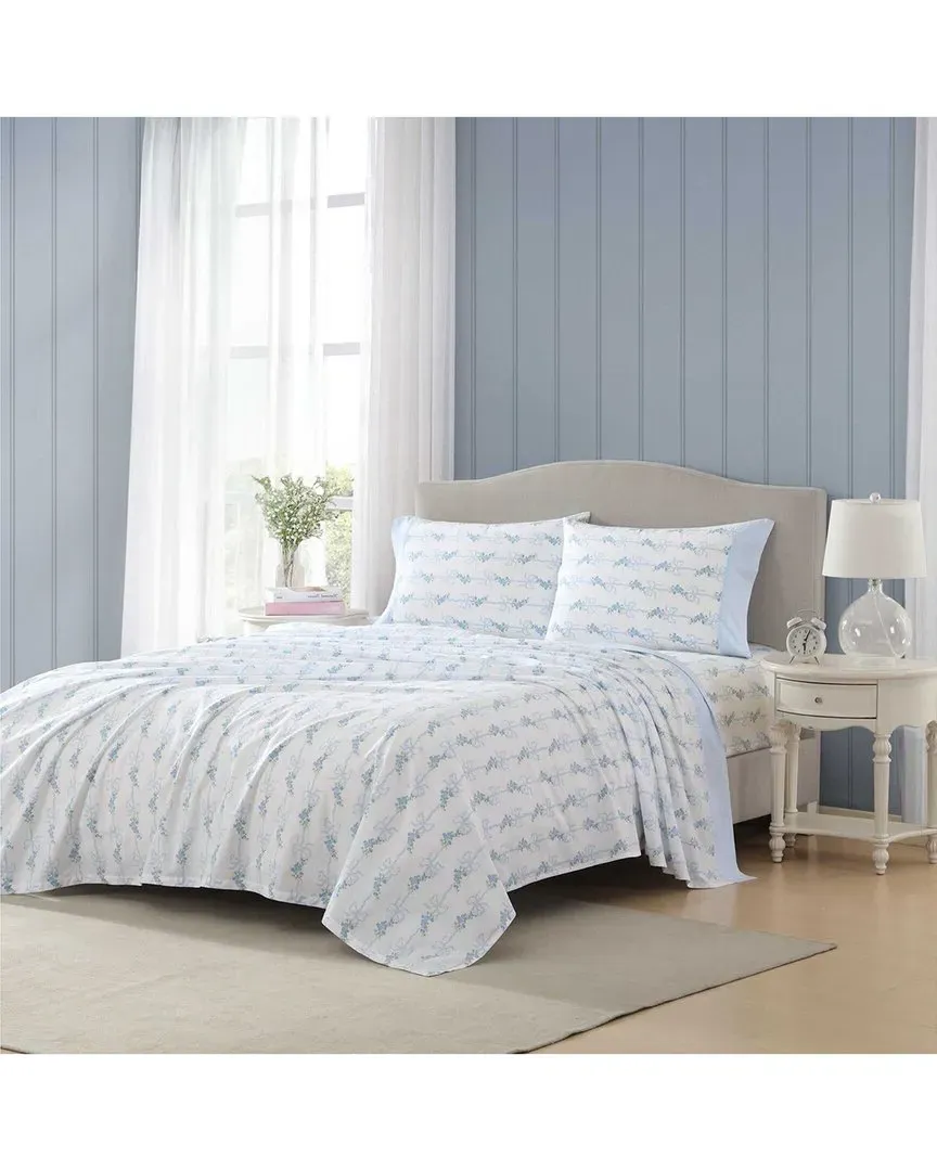 200 Thread Count Floral Ribbon Cotton Percale Sheet Set - Blue