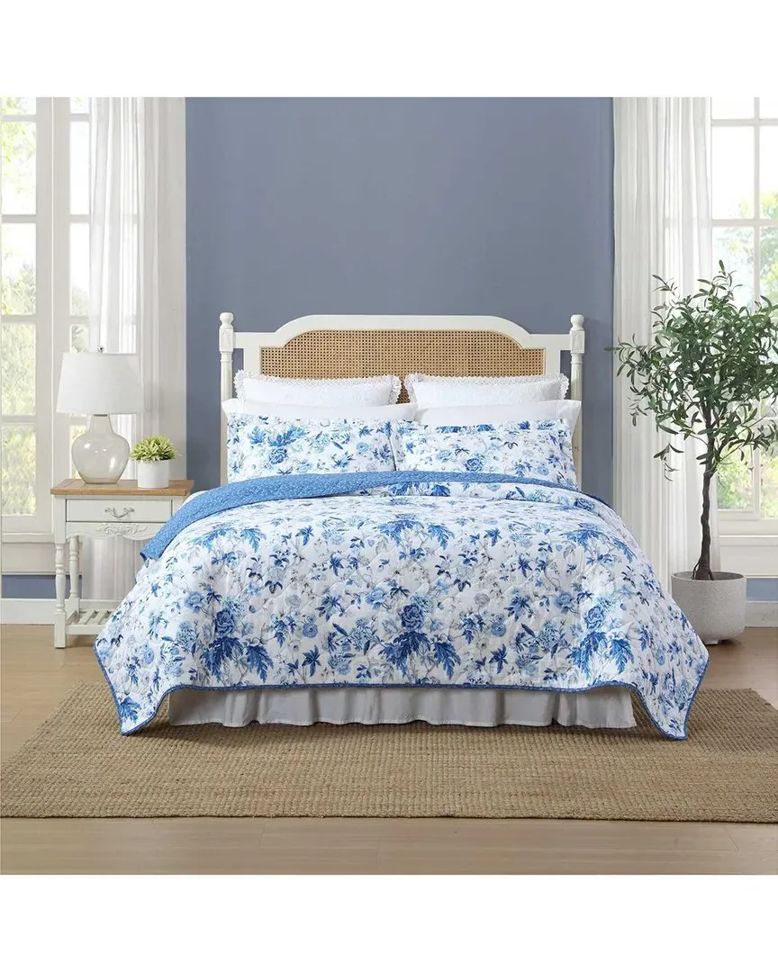Breezy Floral Reversible Cotton Quilt Set - Delft Blue image