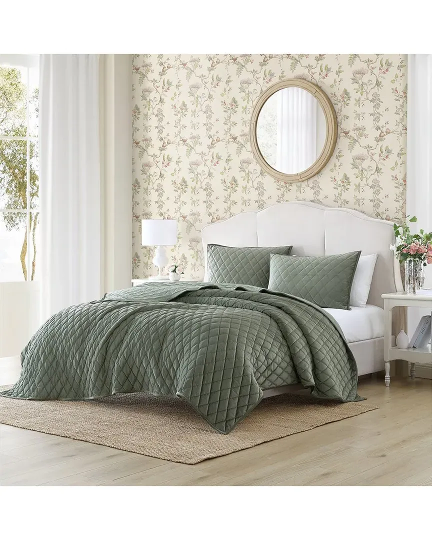 Diamond Stitch Velvet Reversible Quilt Set - Dark Green image