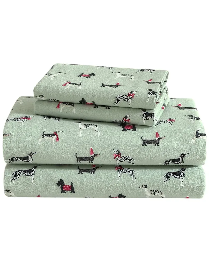 Holiday Pups Flannel Sheet Set - Holly Green, Cotton