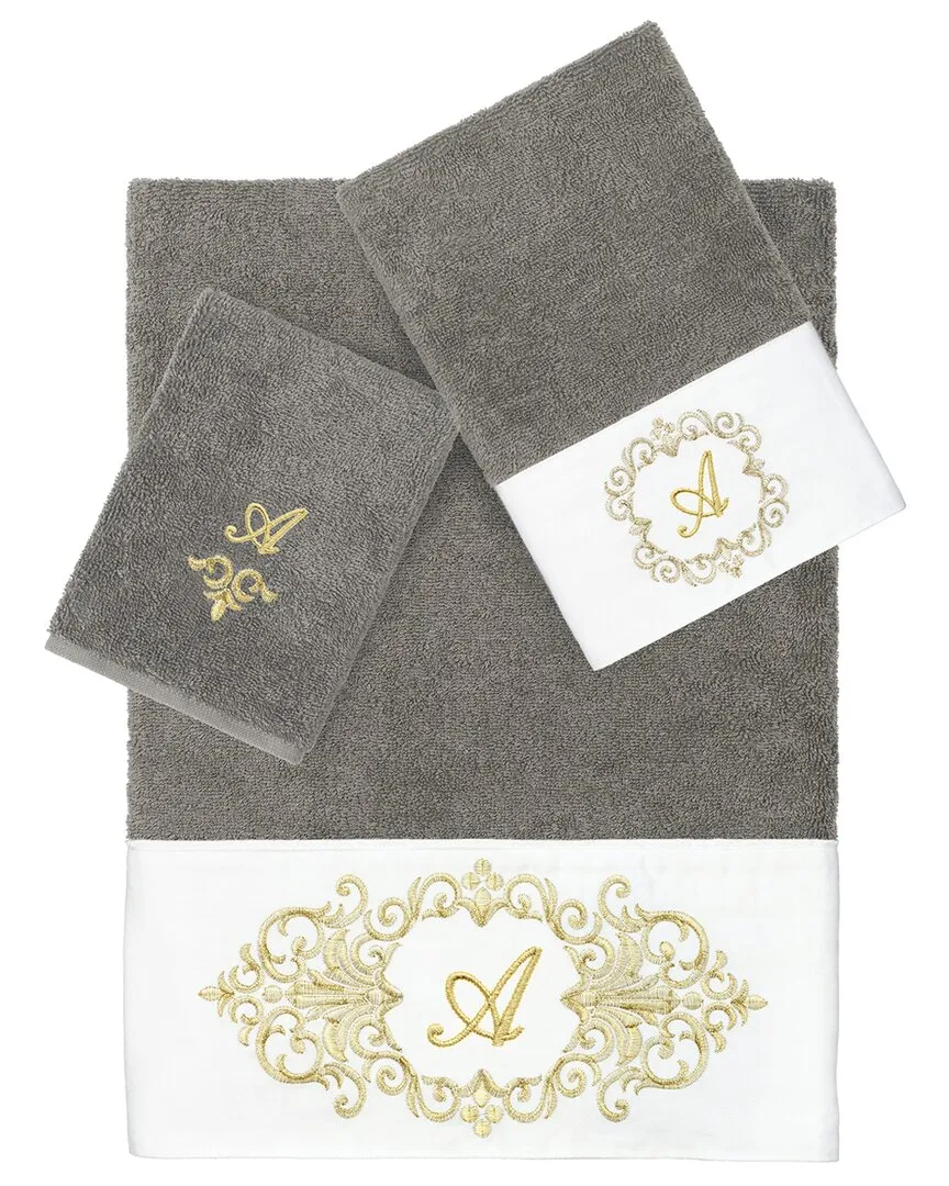 3-Piece Monogram Embellished Towel Set - Grey, Turkish Cotton image