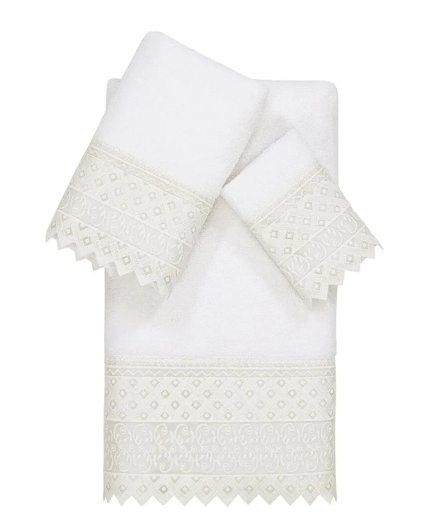 Aiden 3-Piece Lace Embellished Towel Set - White, Turkish Cotton