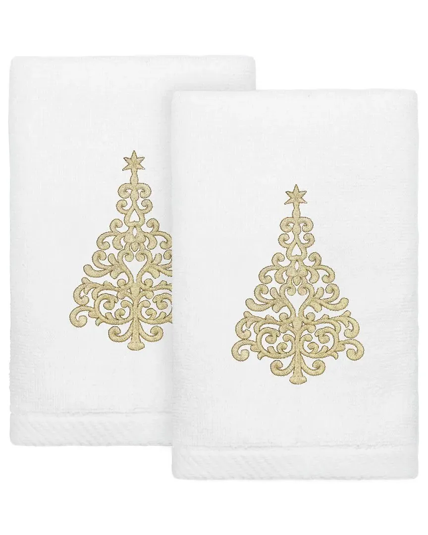 Set of 2 Christmas Tree Embroidered Hand Towels - White, Cotton image