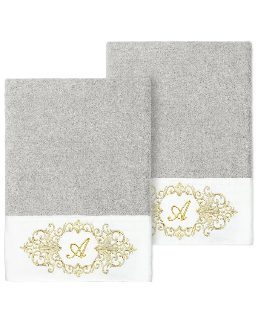 Set of Two Monogram Bath Towels - Light Gray, Turkish Cotton