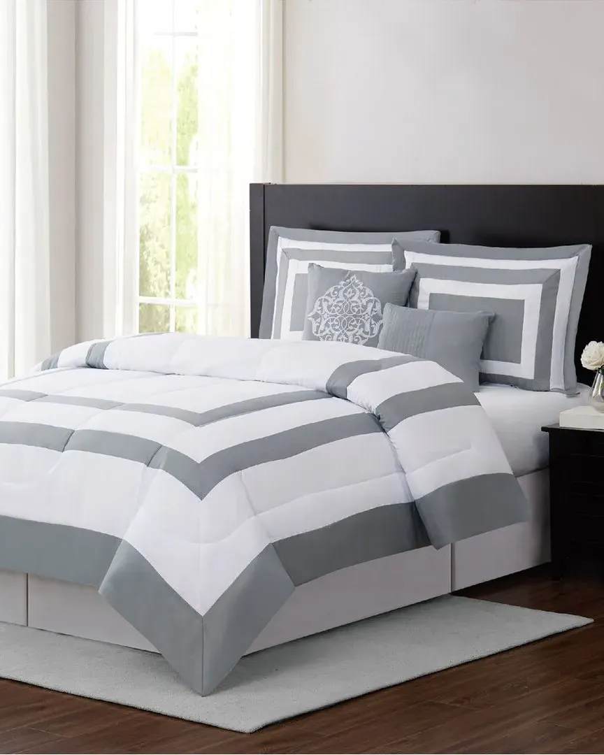 Raynes Hotel 5PC Comforter Set - White/Grey, Microfiber