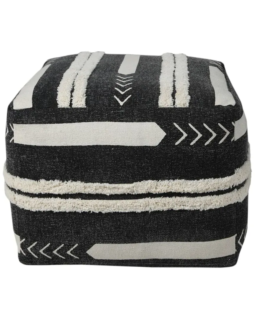Abigail Geometric Hand-Woven Ottoman Pouf - Black, Cotton