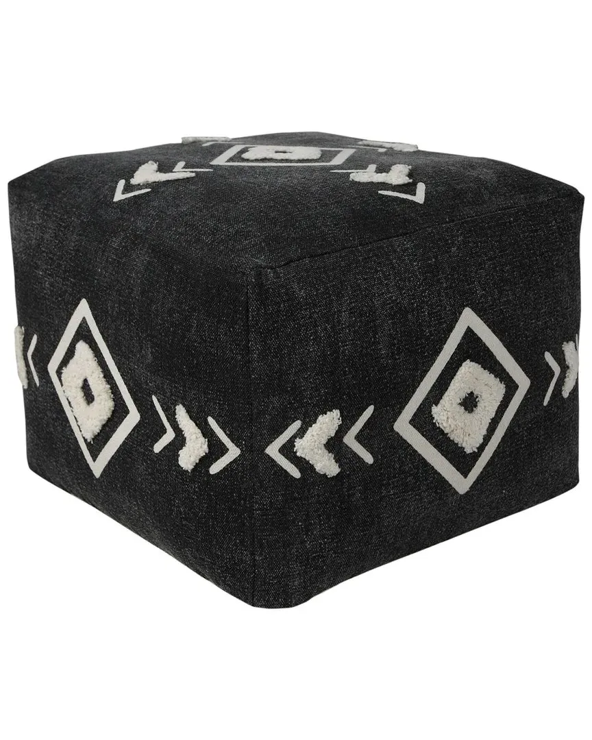 Abigail Geometric Hand-Woven Ottoman Pouf - Black, Cotton