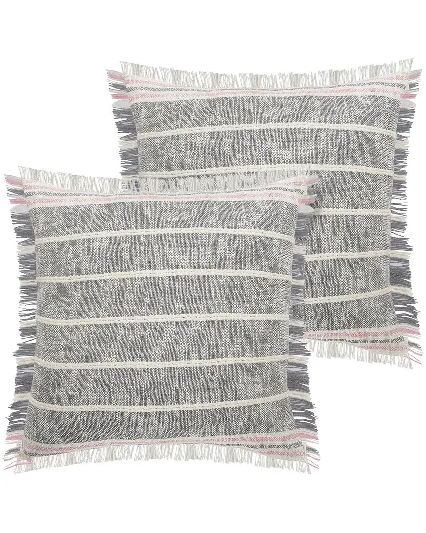 Angelica Striped Fringe Throw Pillows Set of 2 - Grey, Cotton
