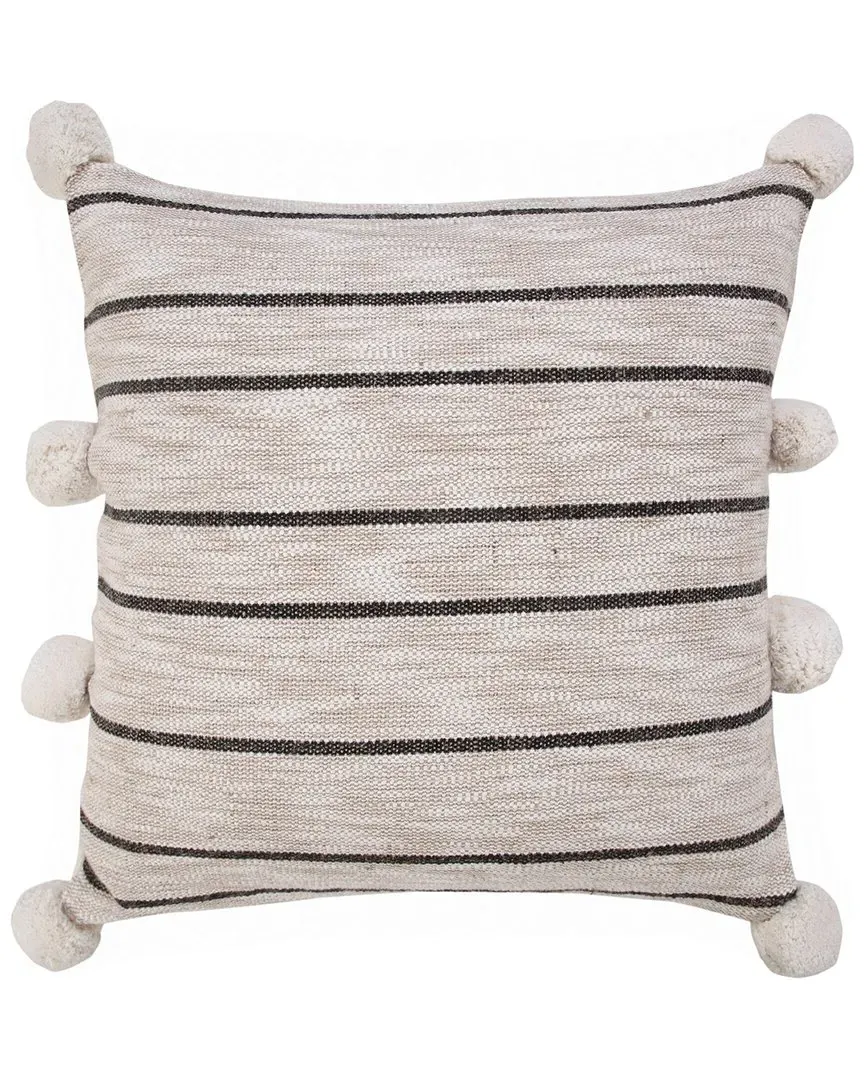 Farmhouse Striped Throw Pillow with Pom Poms - Beige image