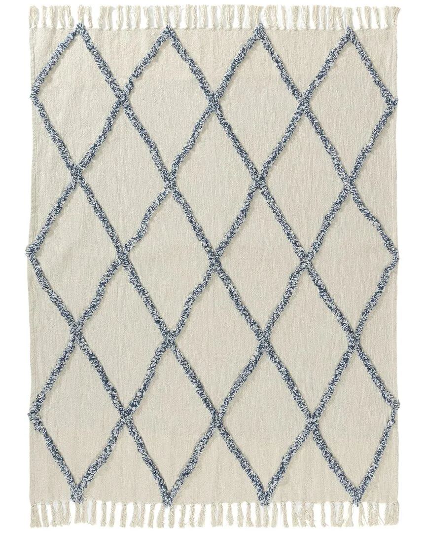 Hand-Woven Throw Blanket - Ivory & Blue, Cotton