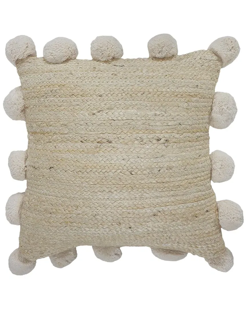Jute & Pom Pom Bordered Throw Pillow - Tan image
