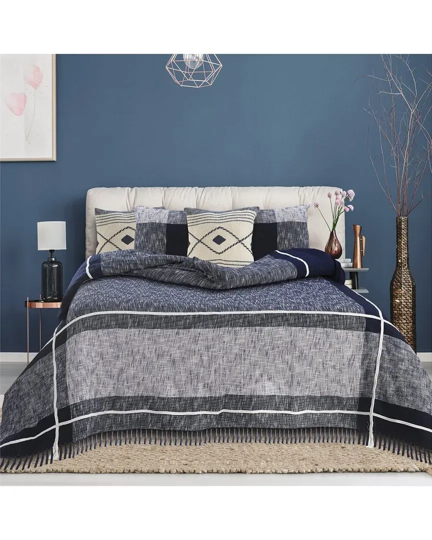 Minimal Plaid Coverlet with Fringe - Blue