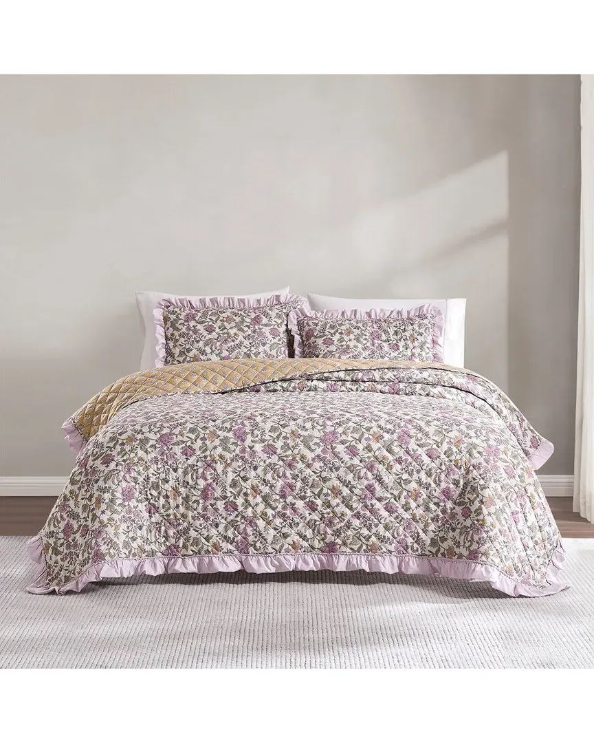 Lola Block Print Ruffle Reversible Floral Quilt Set - Purple image