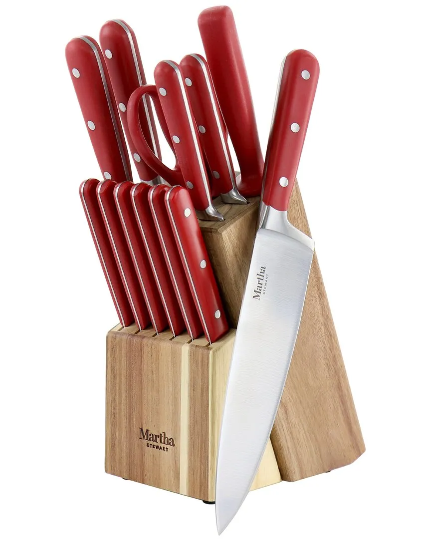 14-Piece Stainless Steel Cutlery Set with Wood Block - Red image