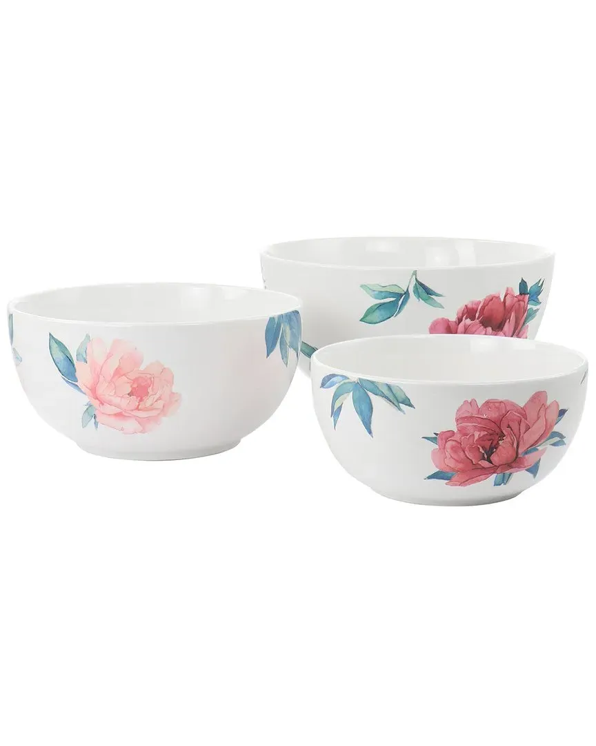 3-Piece Round Ceramic Bowl Set with Floral Design - White
