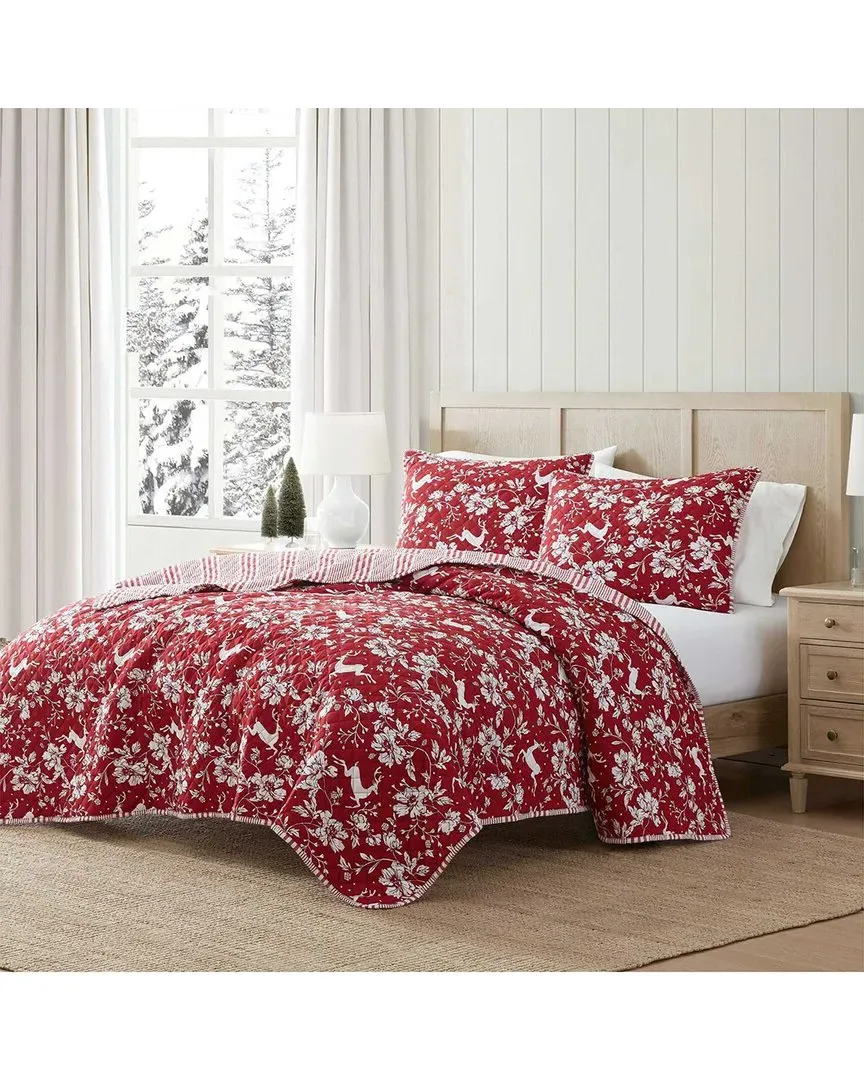 Dancing Deer Washed Quilt Set - Dark Red, Polyester image