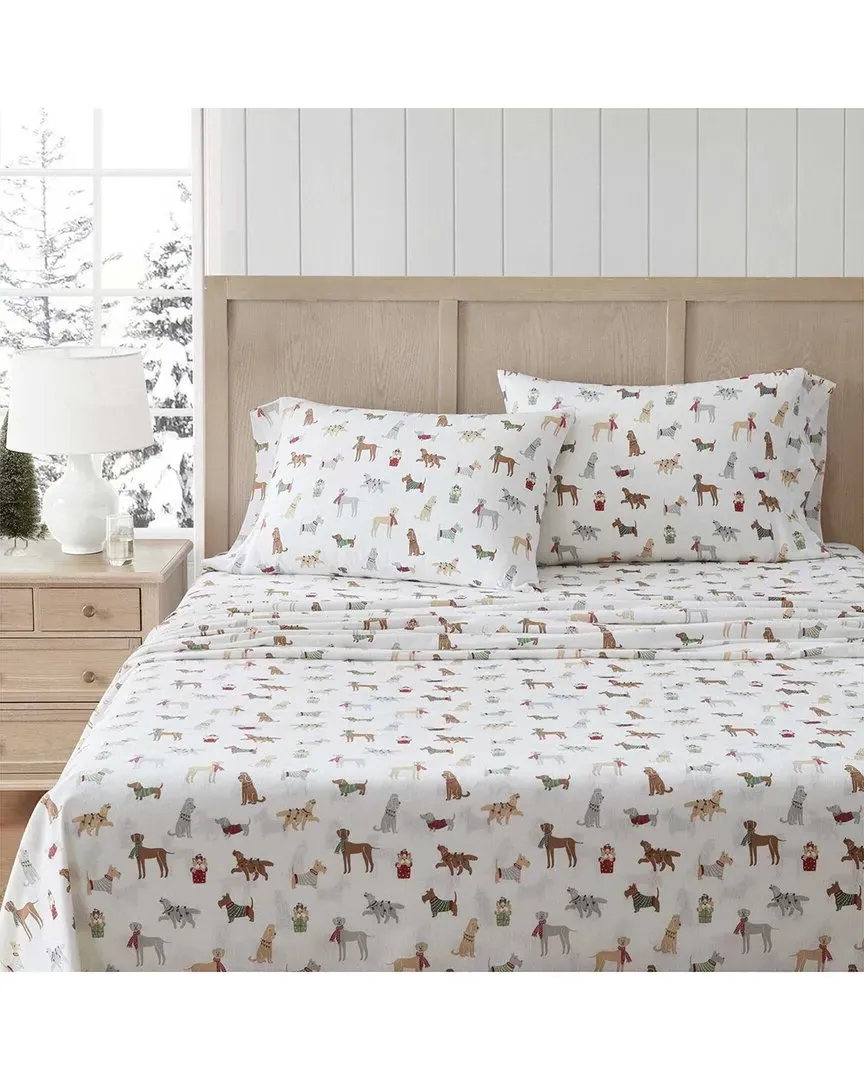 Holiday Pups Cotton Flannel Sheet Set - White