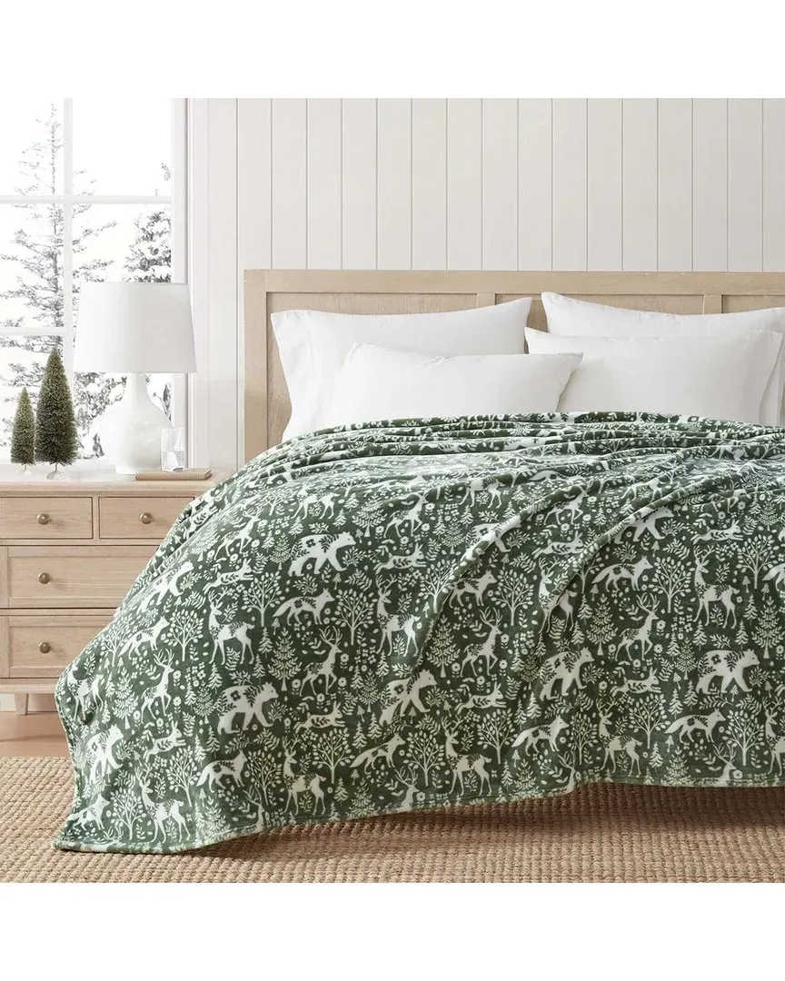 Nordic Forest Plush Throw Blanket - Dark Green, Polyester