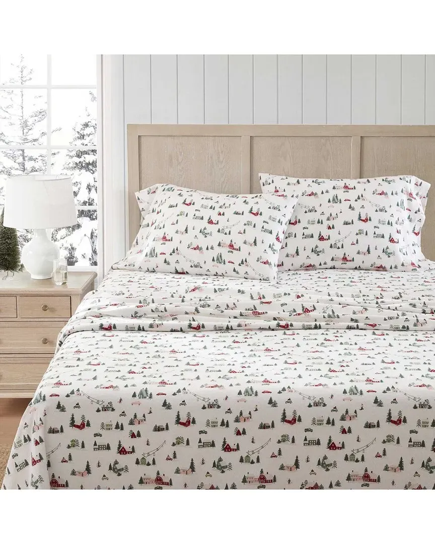 Ski Village Cotton Flannel Sheet Set - White, Green image