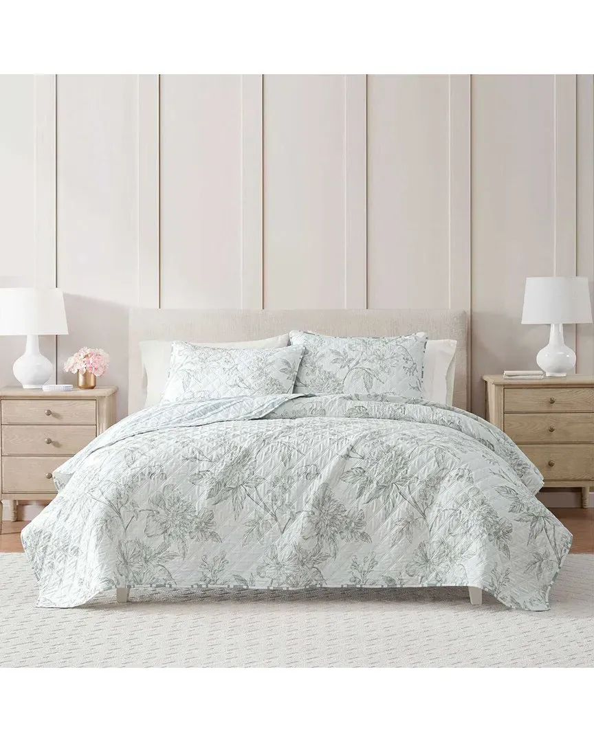 Vine Flora Cotton Percale Quilt Set - Light Sage