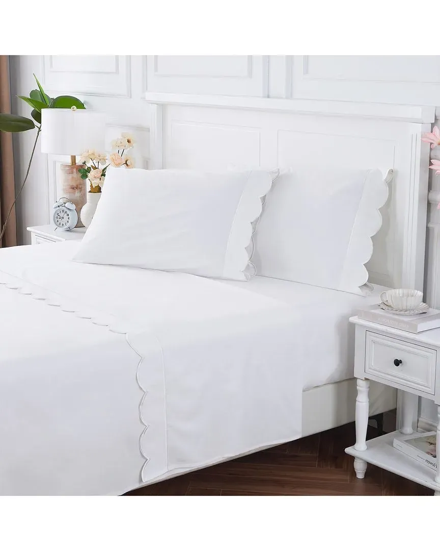 300 Thread Count Scallop Embroidery Sheet Set - White, Cotton