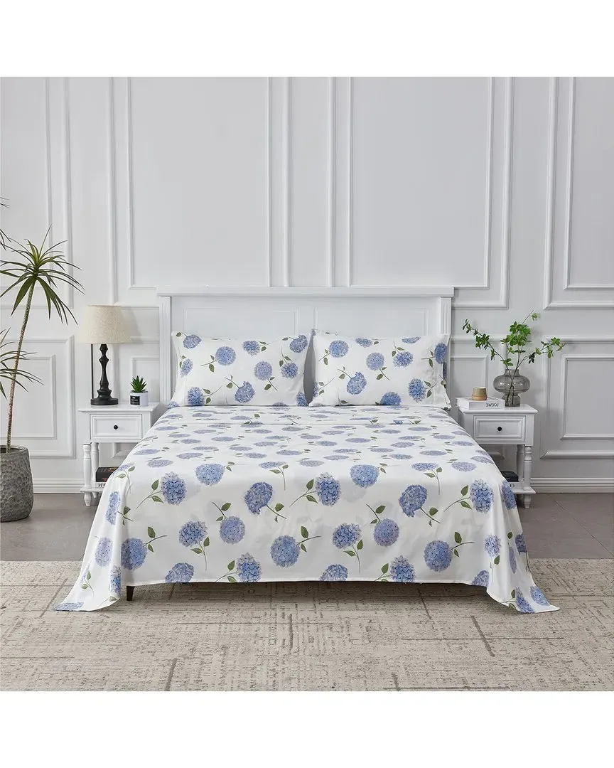 400TC Sateen Cotton Hydrangea Hemstitch Sheet Set - Blue image