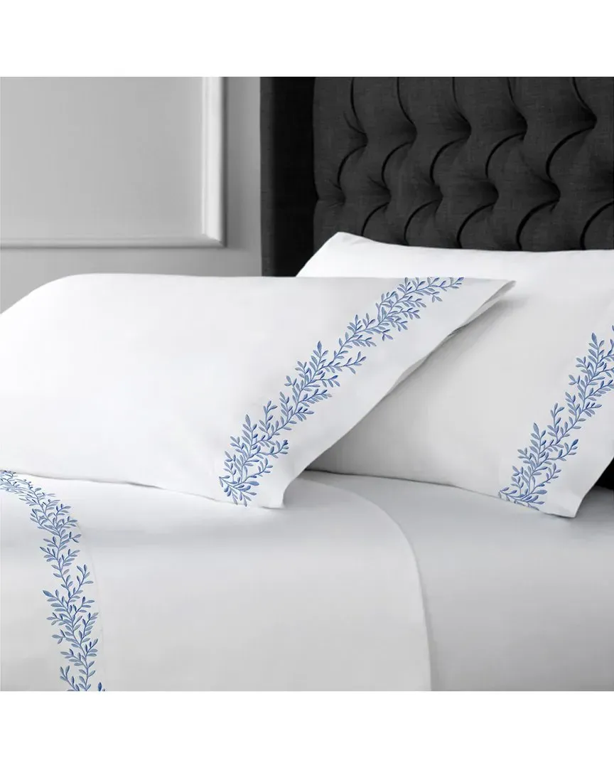 600 Thread Count Sateen Sheet Set with Floral Embroidery - Blue image