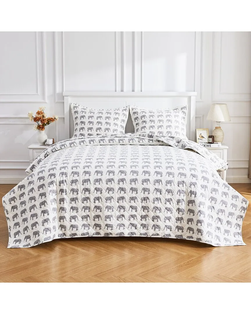 Cotton Soft Flannel Elephant Quilt Set - Grey