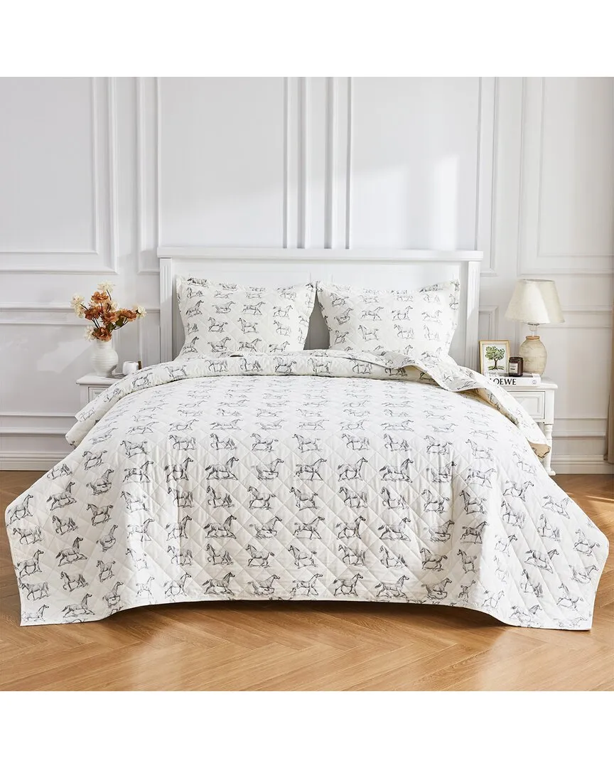 Cotton Soft Flannel Horse Quilt Set - Grey