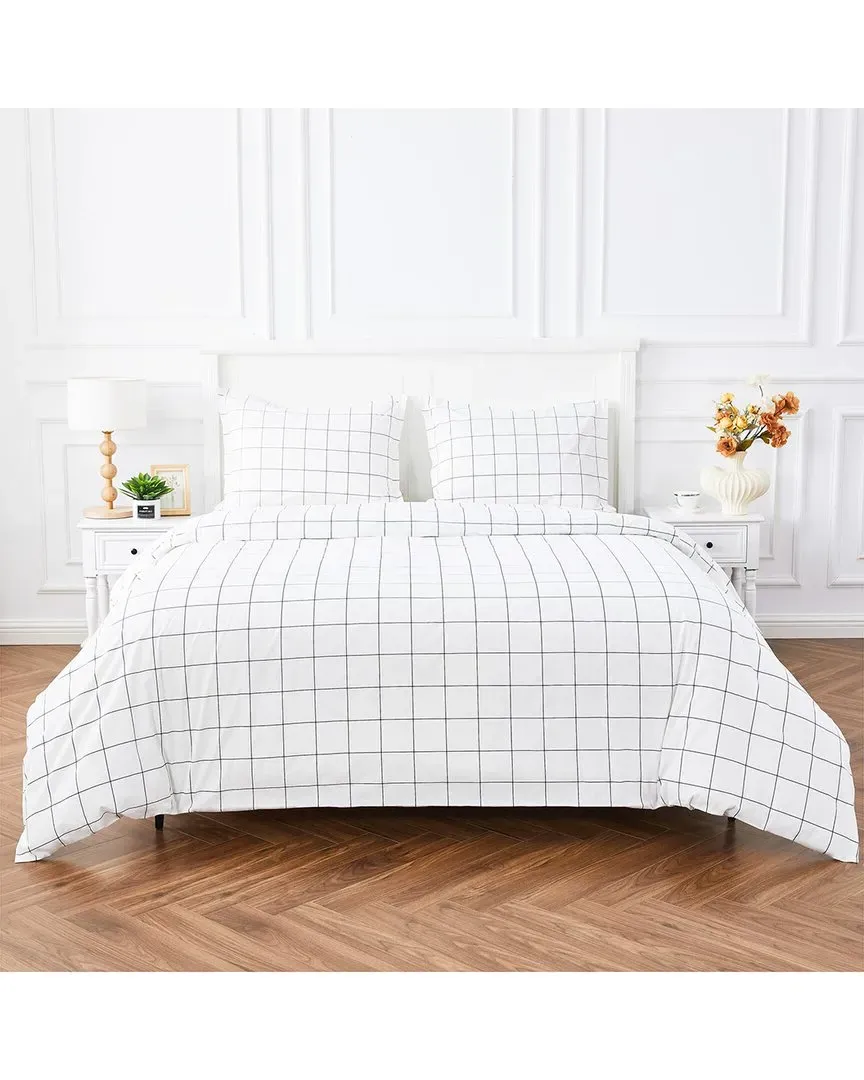 Grid Percale Cotton Duvet Set - Navy