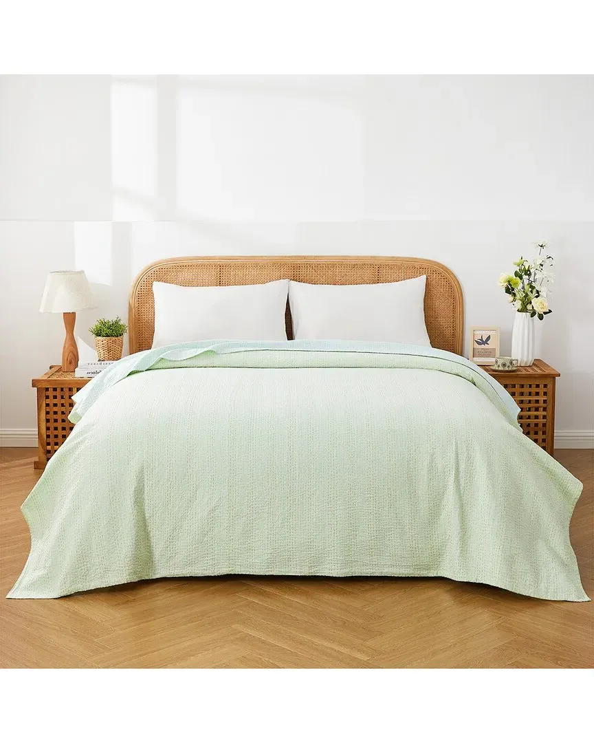 Hand-Stitched Reversible Kantha Coverlet - Aqua, Cotton