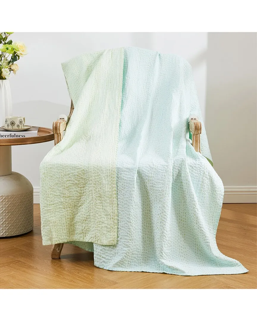 Hand-Stitched Reversible Kantha Throw - Aqua, Cotton