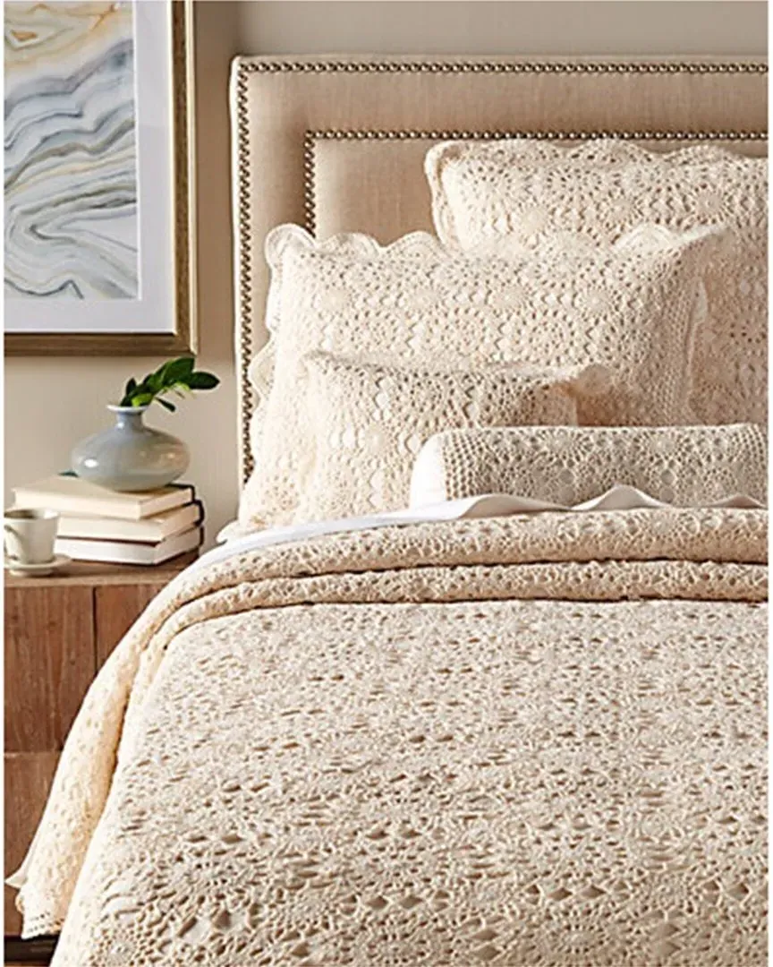 Handstitched Cotton Crochet Sham Cover Set - Ivory