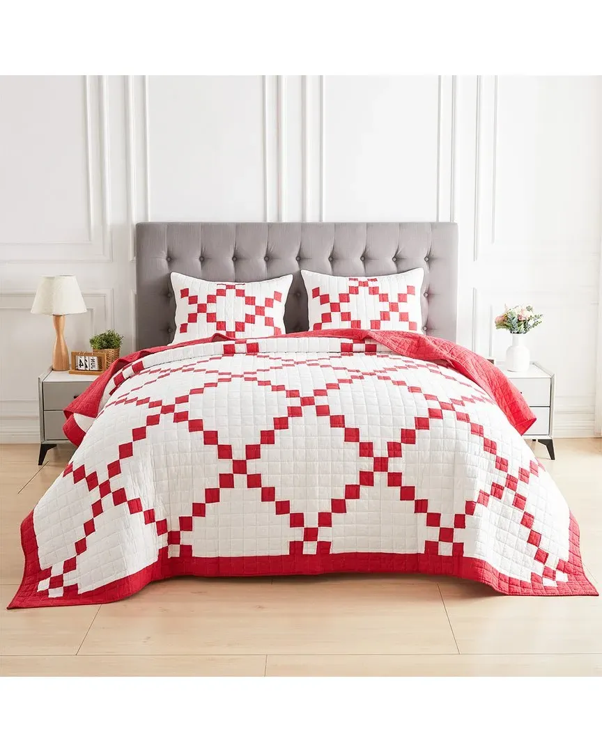 Single Irish Chain Patchwork Quilt Set - Red, Cotton