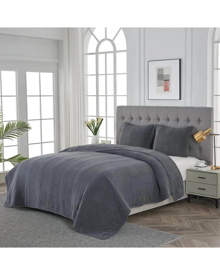 Stonewashed Cotton Quilt Set - Charcoal