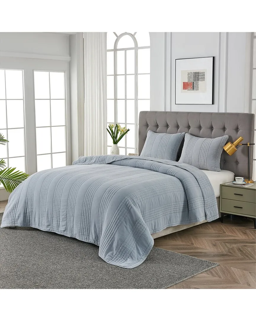 Stonewashed Cotton Quilt Set - Misty Blue