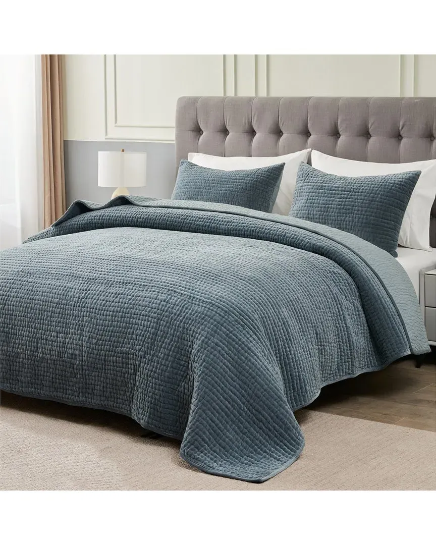 Tamara Velvet Quilt Set - Slate Blue, Cotton