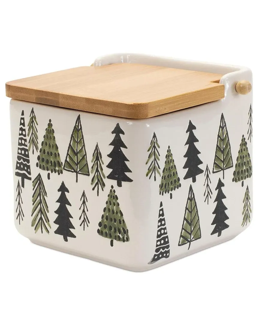 Ceramic Pine Tree Canister with Wood Lid - Green image