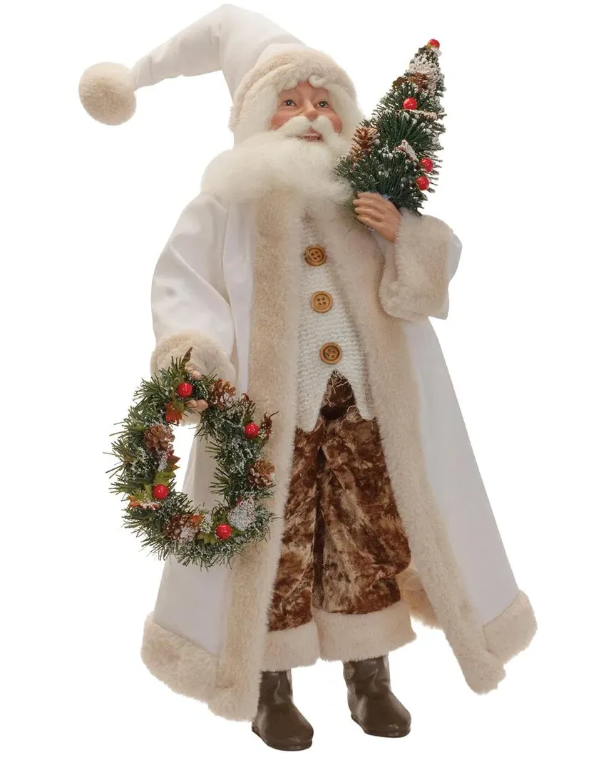 Santa With Wreath & Tree Figurine - Beige, Polyester