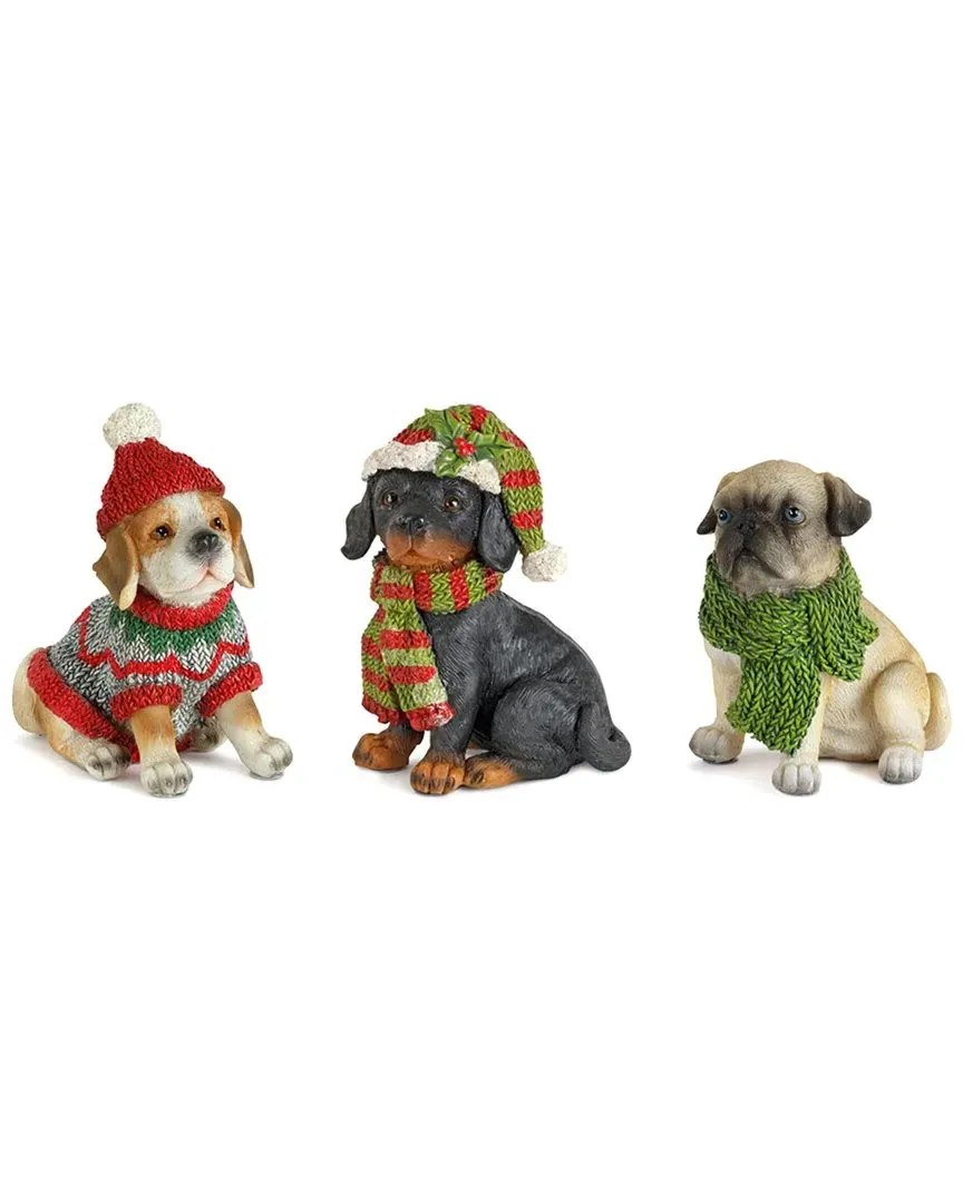 Set of 12 Winter Dog Figurines with Hat & Scarf - Green image