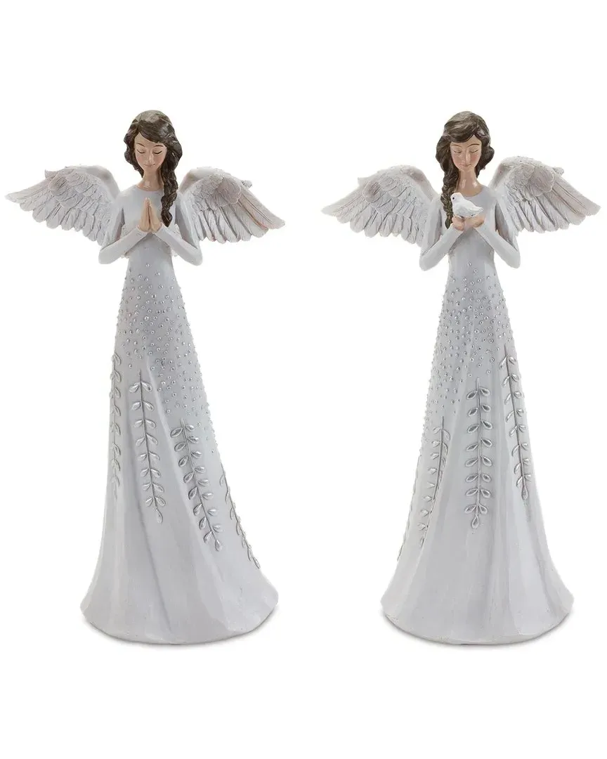 Set of 2 Angel Figurines with Silver Floral Accent - White