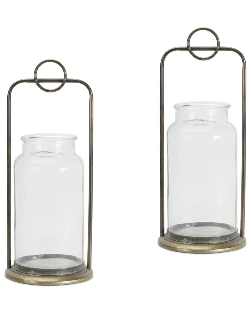 Set of 2 Antique Metal Candle Holders with Glass Jar - Bronze image