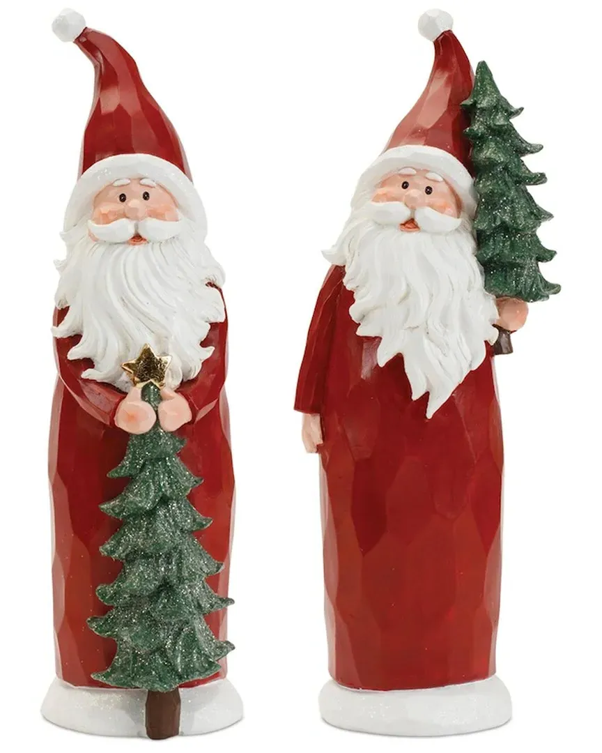 Set of 2 Carved Santa with Glittered Pine - Red, Resin