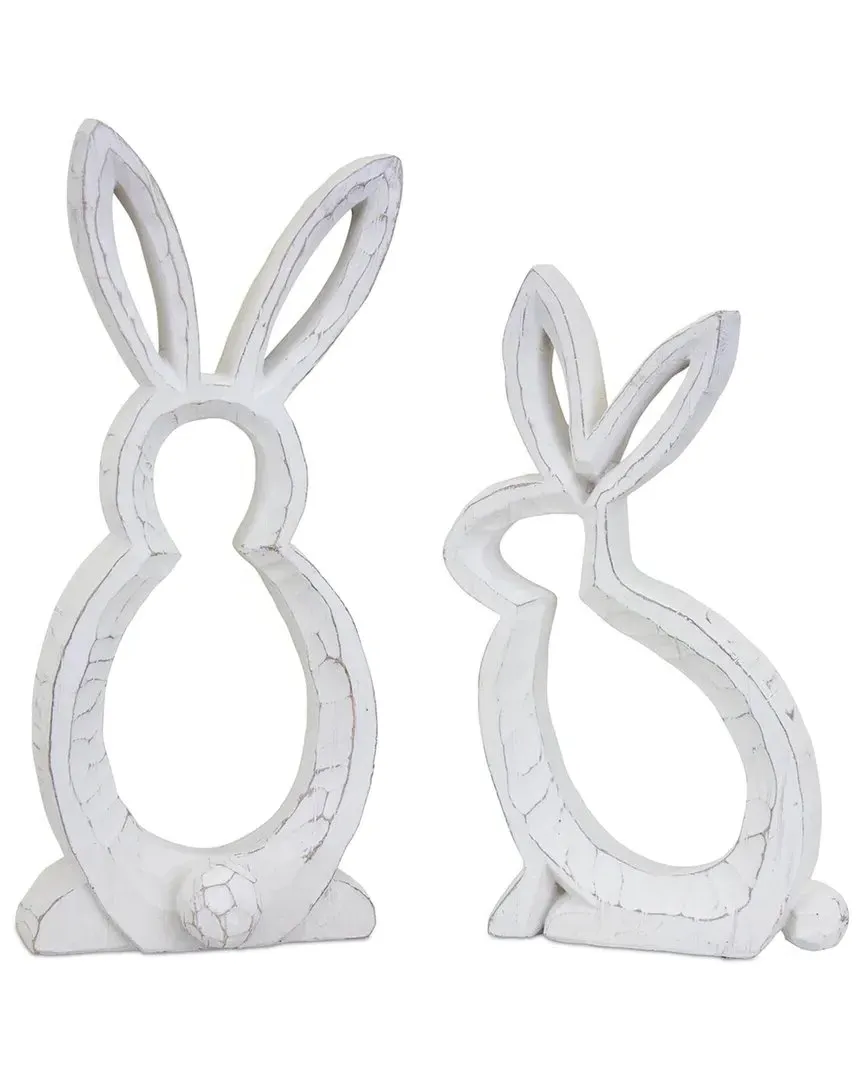 Set Of 2 Carved Stone Bunny Outline Decor - White, Polyresin