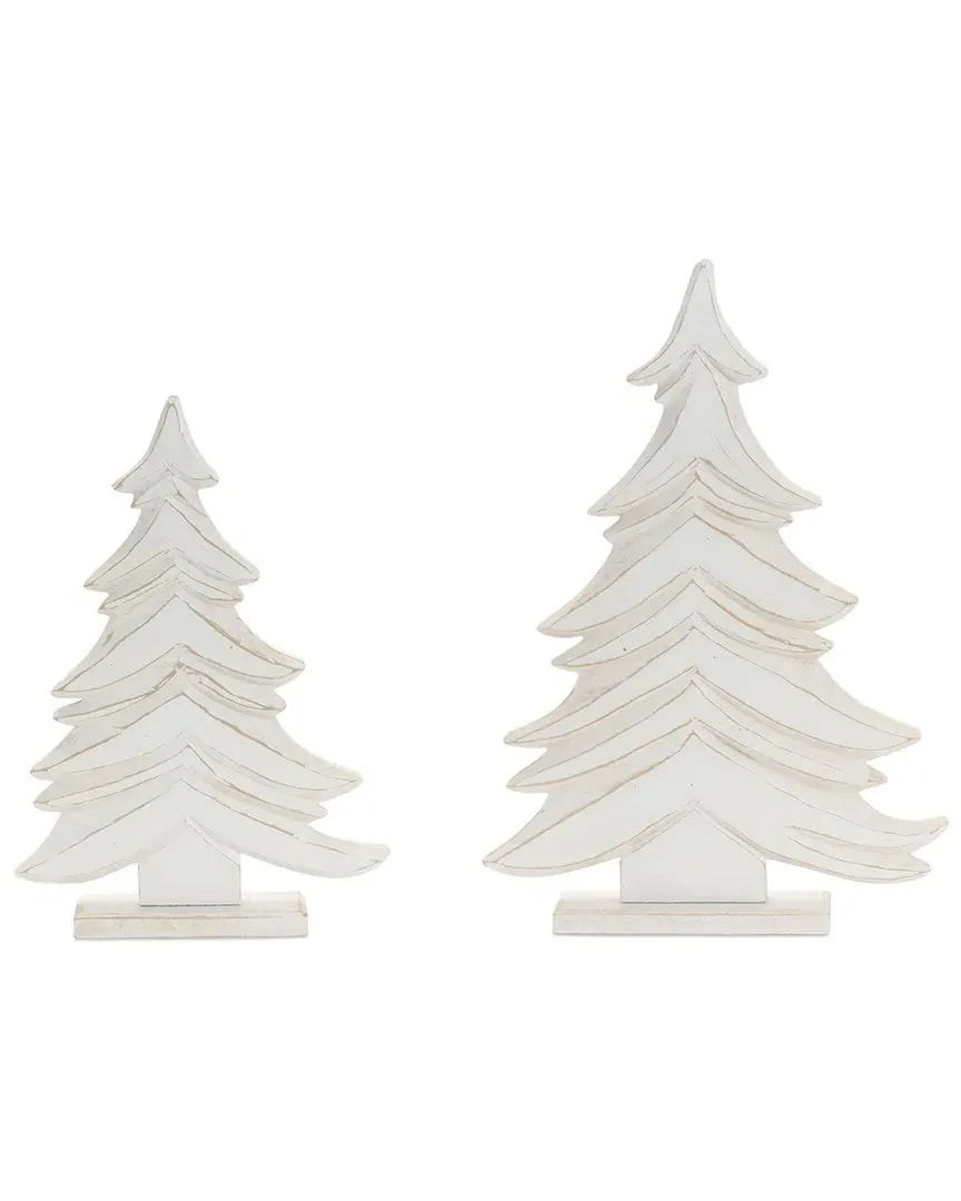 Set of 2 Carved Wood Pine Trees - White, Wood image