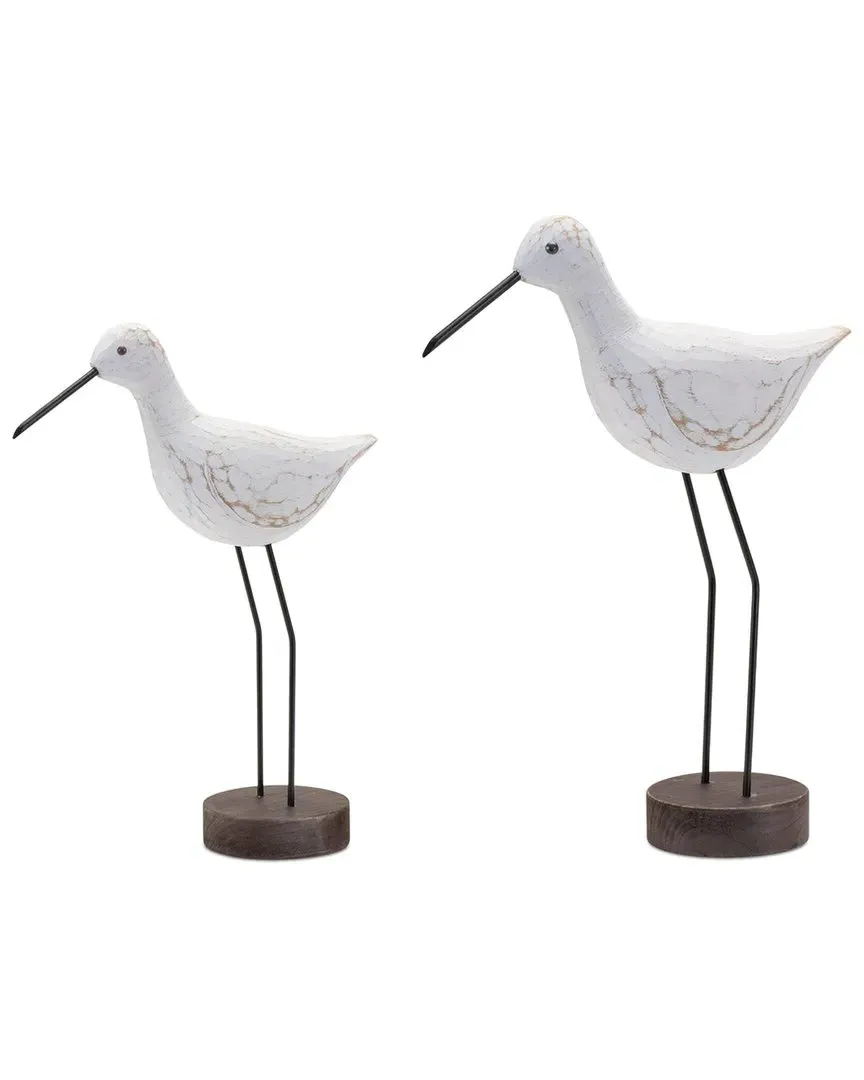 Set of 2 Carved Wood Sea Bird with Metal Stand - White image