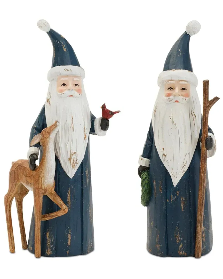 Set of 2 Carved Woodland Santa with Deer Figurine - Blue, Polyresin image
